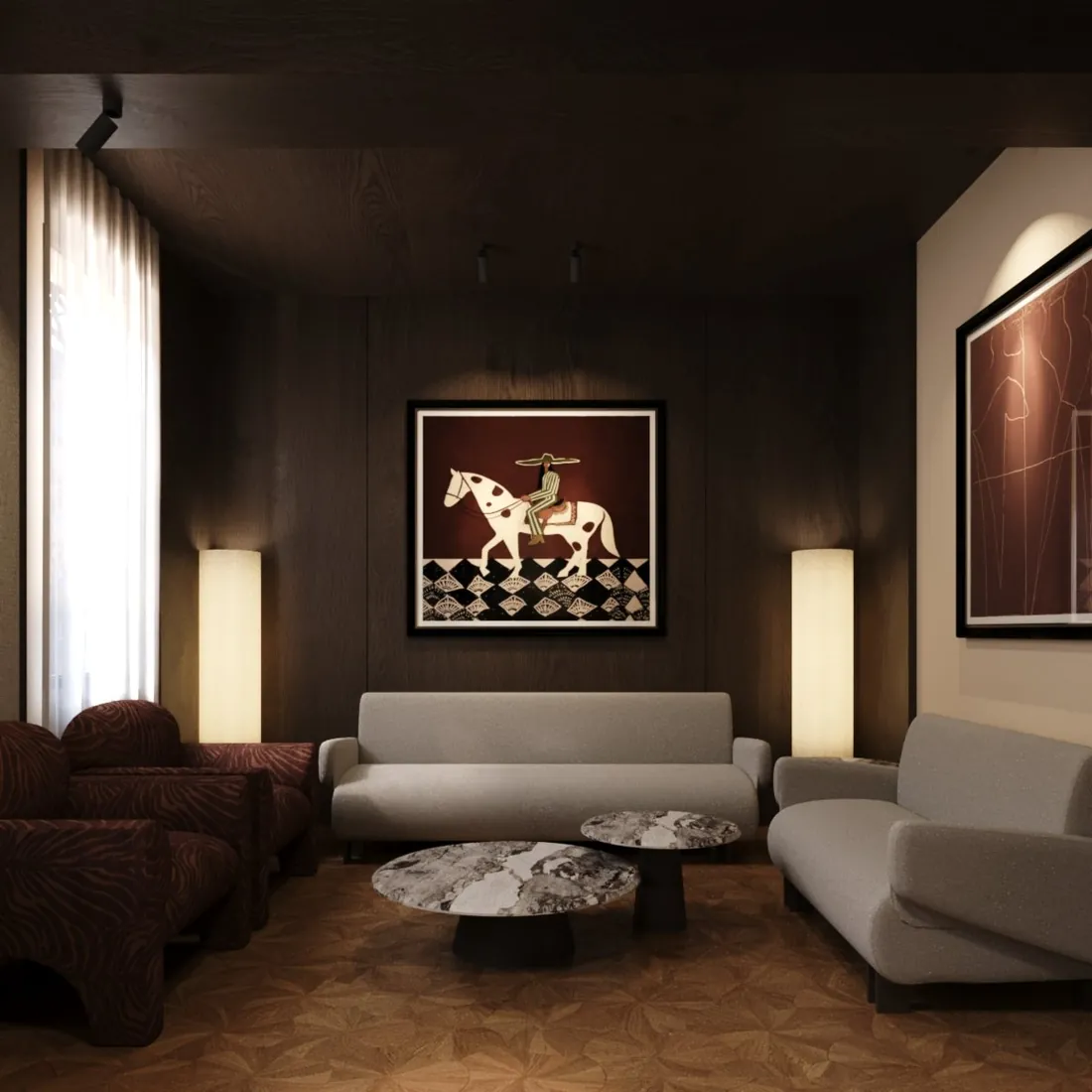 Opera House VIP Lounge seating area with equestrian artwork