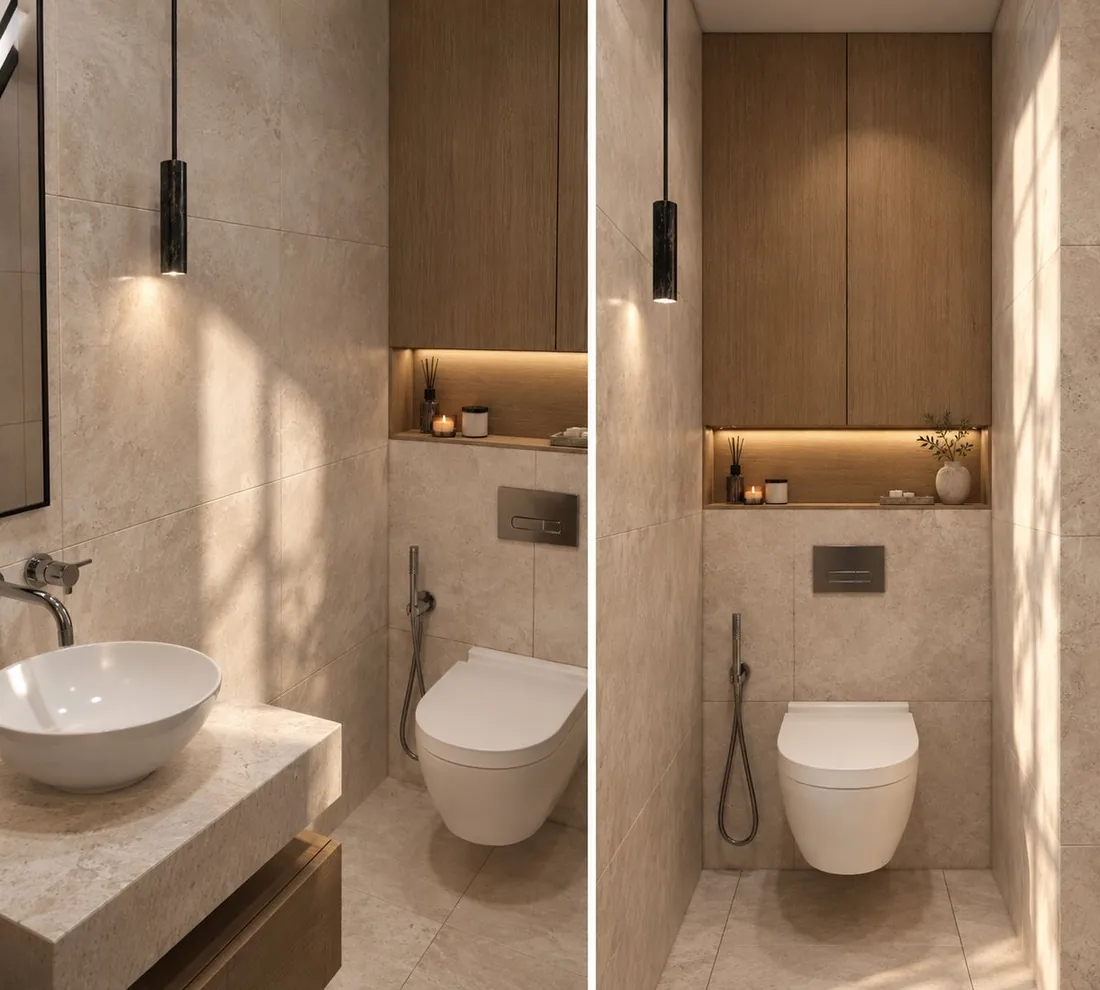 H Studio bathroom with travertine tile and wood cabinetry