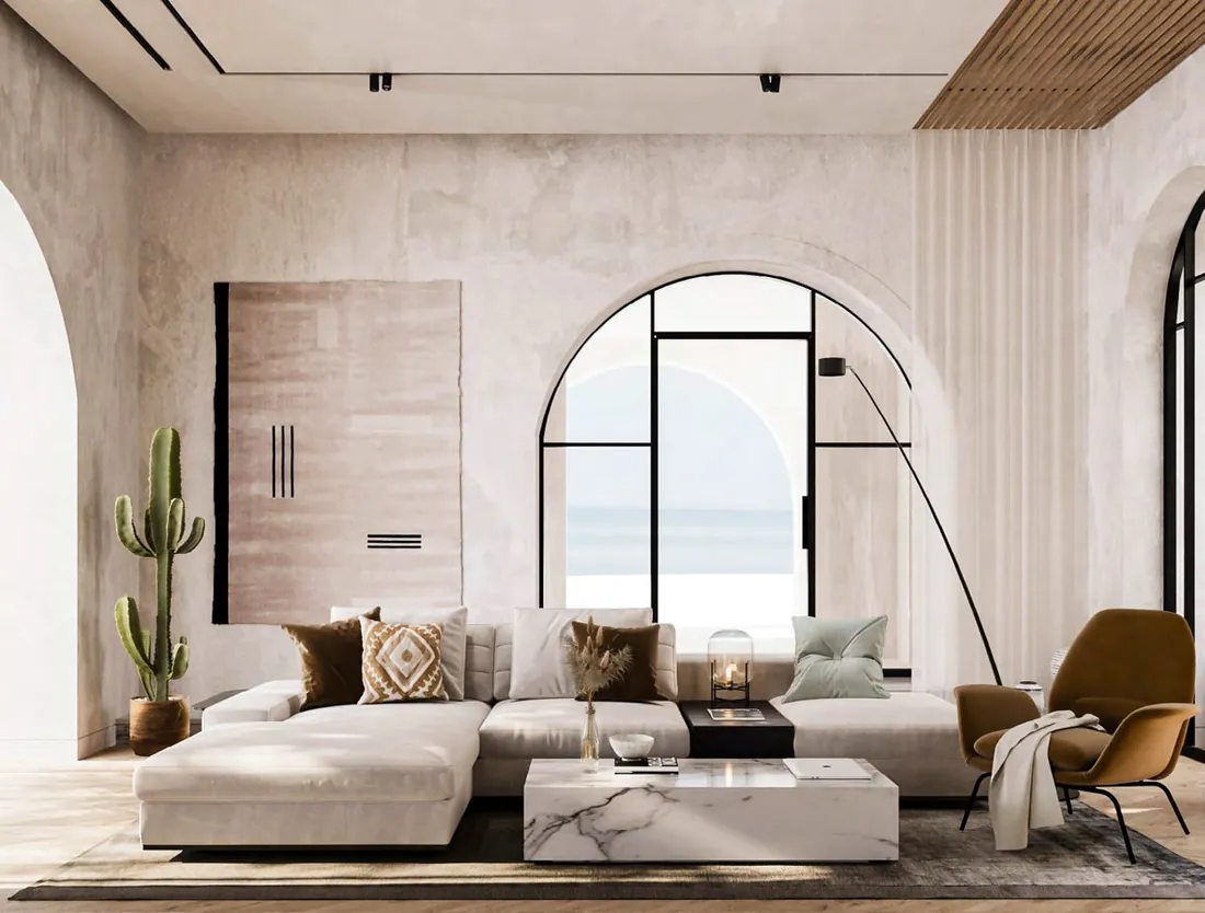 A Island Villa lounge with arched window and cactus