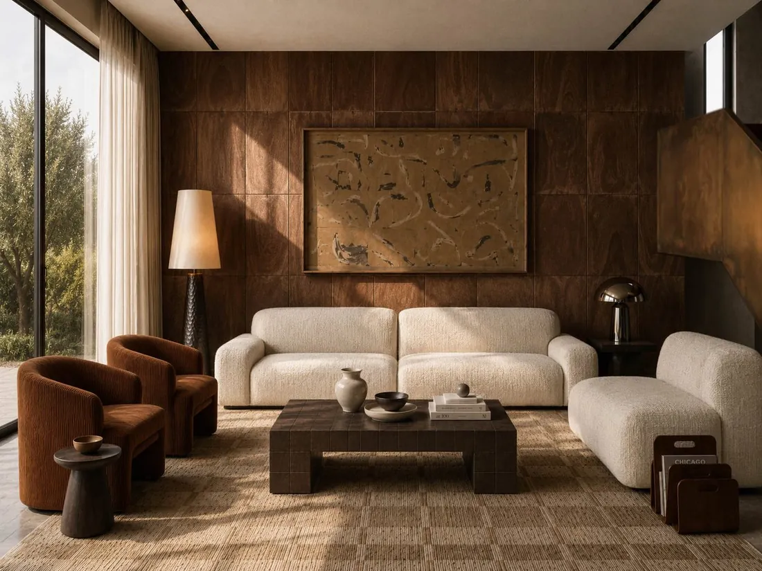 HM Living Room with walnut wall paneling and burgundy armchairs