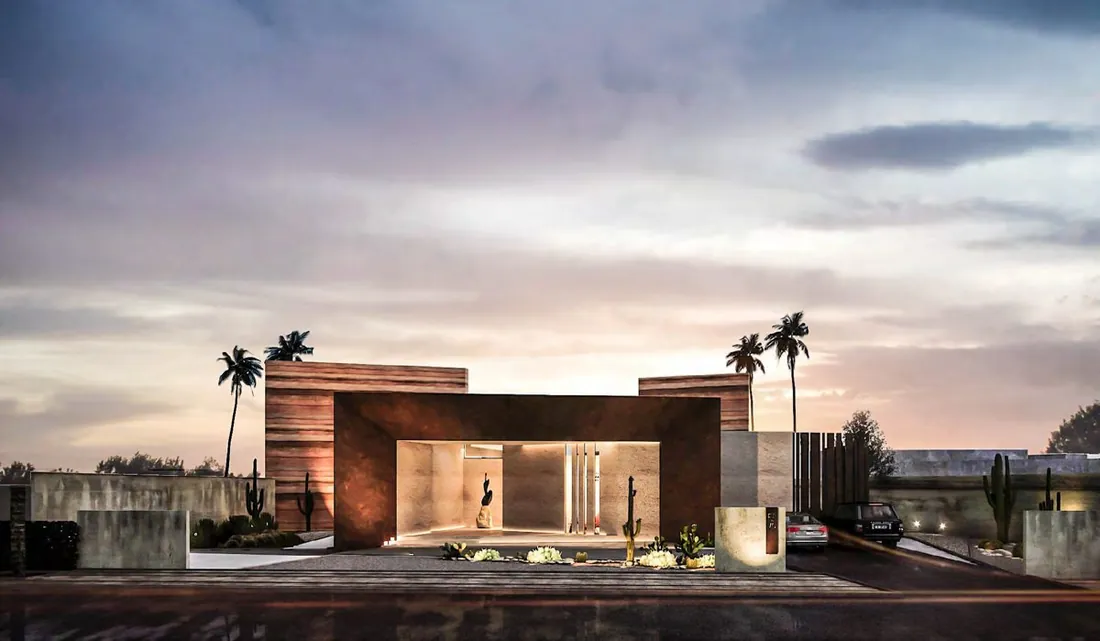 IAA Villa exterior entrance at dusk