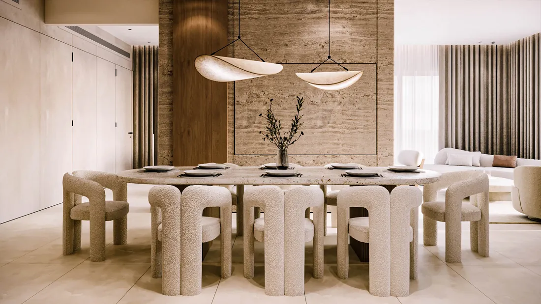 AK Home dining area in front of the travertine feature wall
