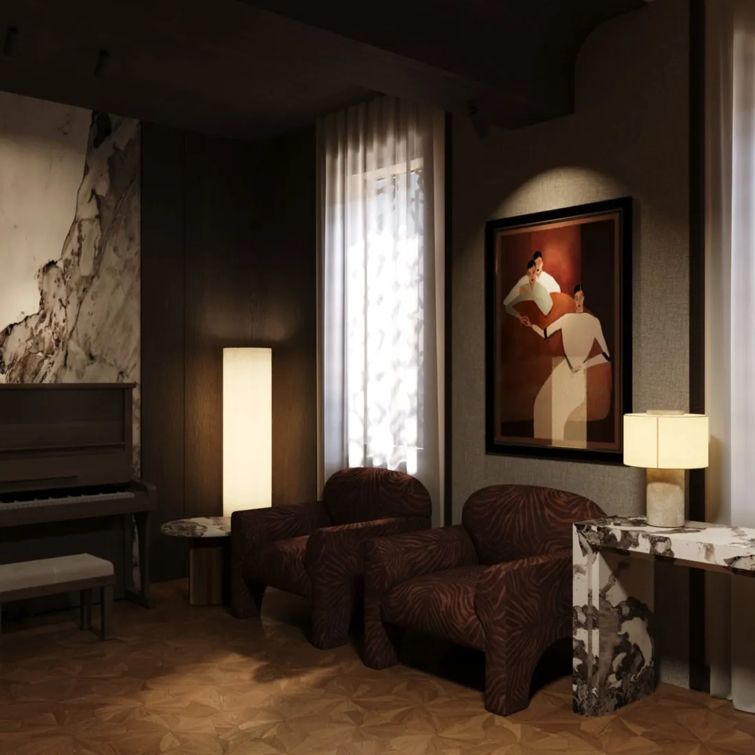 Opera House VIP Lounge with piano, zebra-print armchairs, and marble console