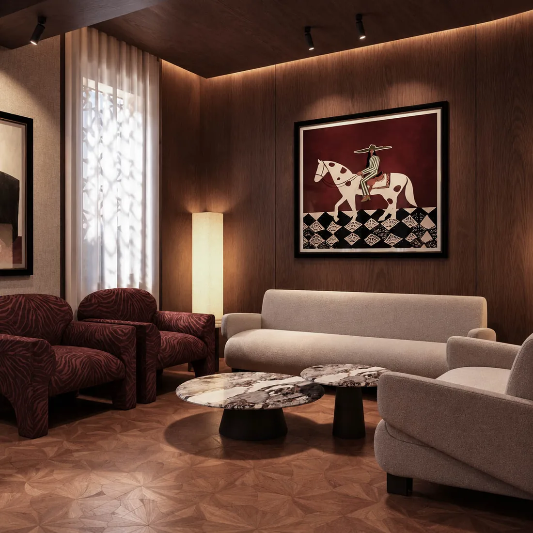 Opera House VIP Lounge seating area with equestrian artwork
