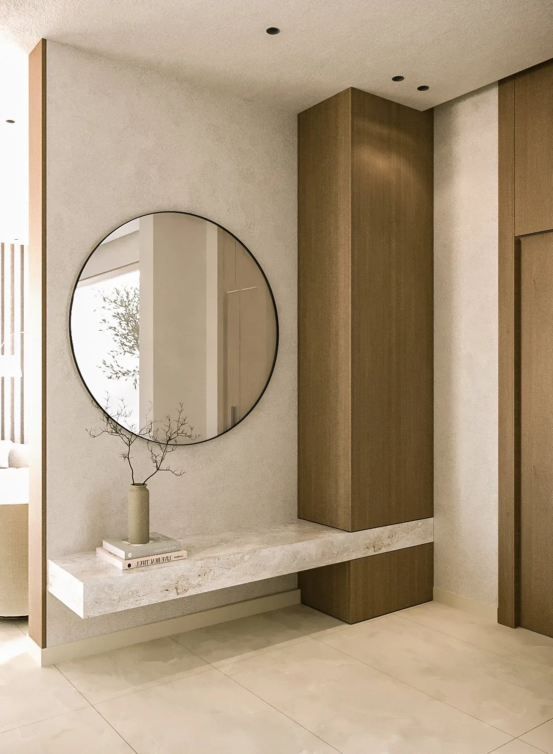 AK Home entrance with round mirror and floating console