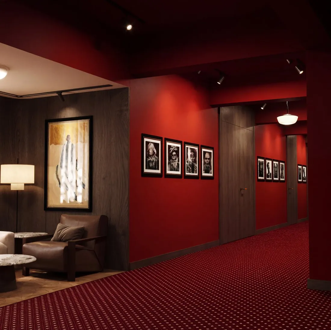 Opera House VIP Lounge corridor with red walls and portrait gallery