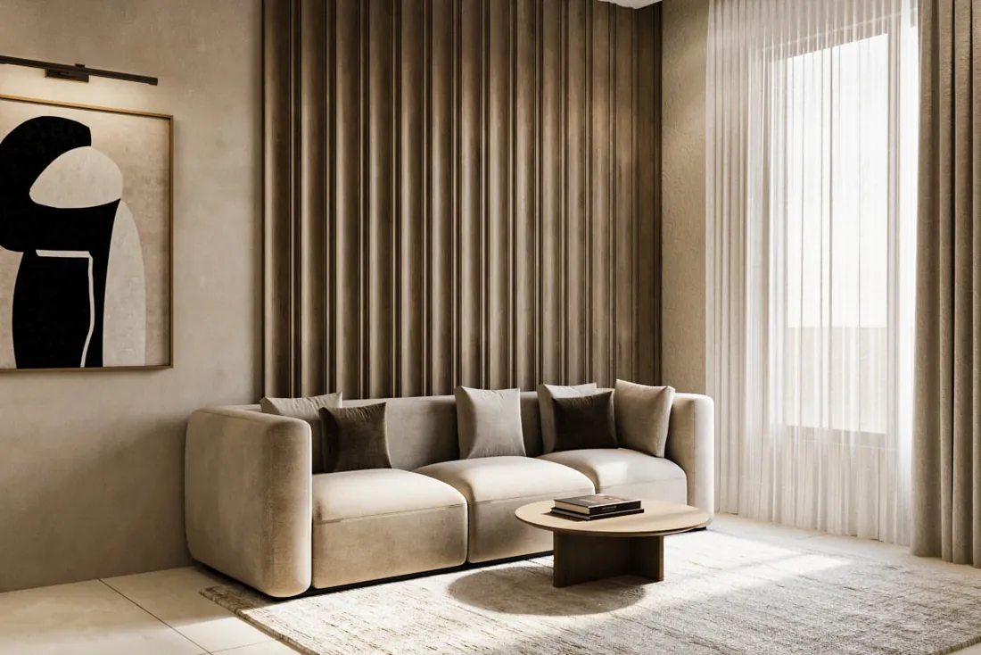 AK Home room with fluted wall panel and three-seat sofa