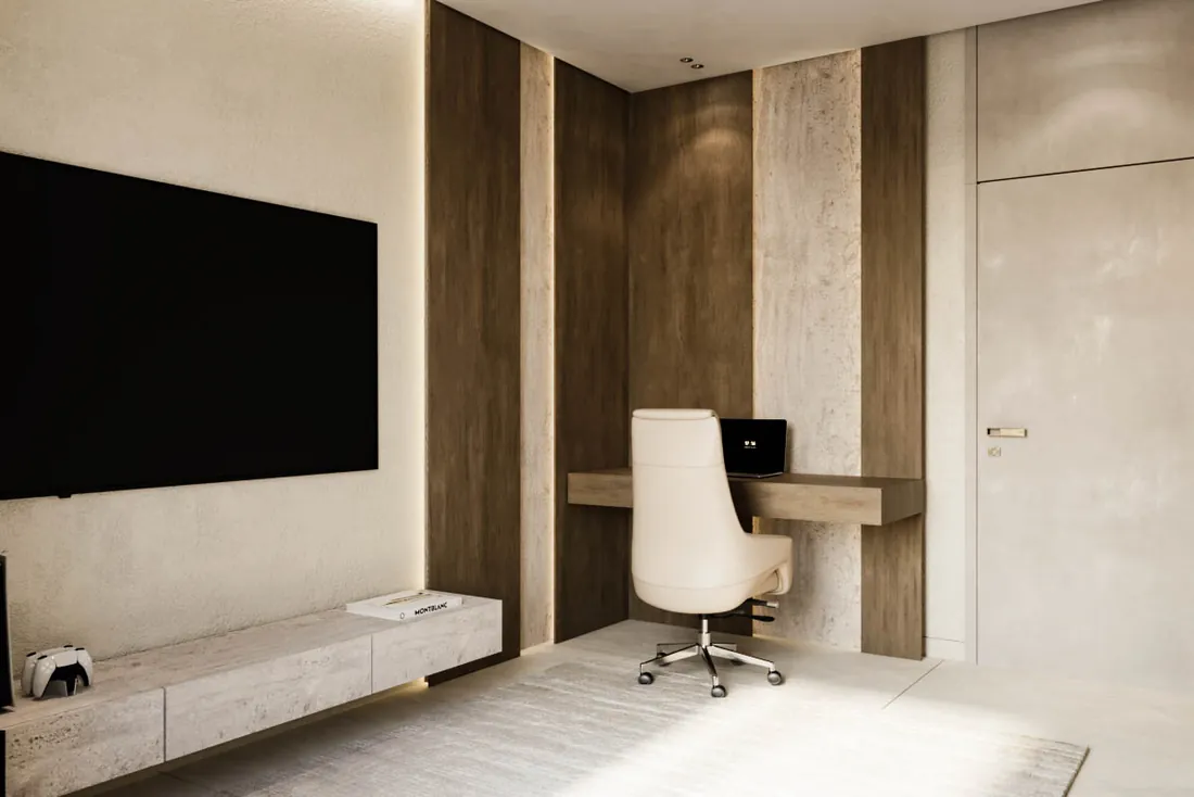 AK Home gaming room with floating desk and wood-slat wall