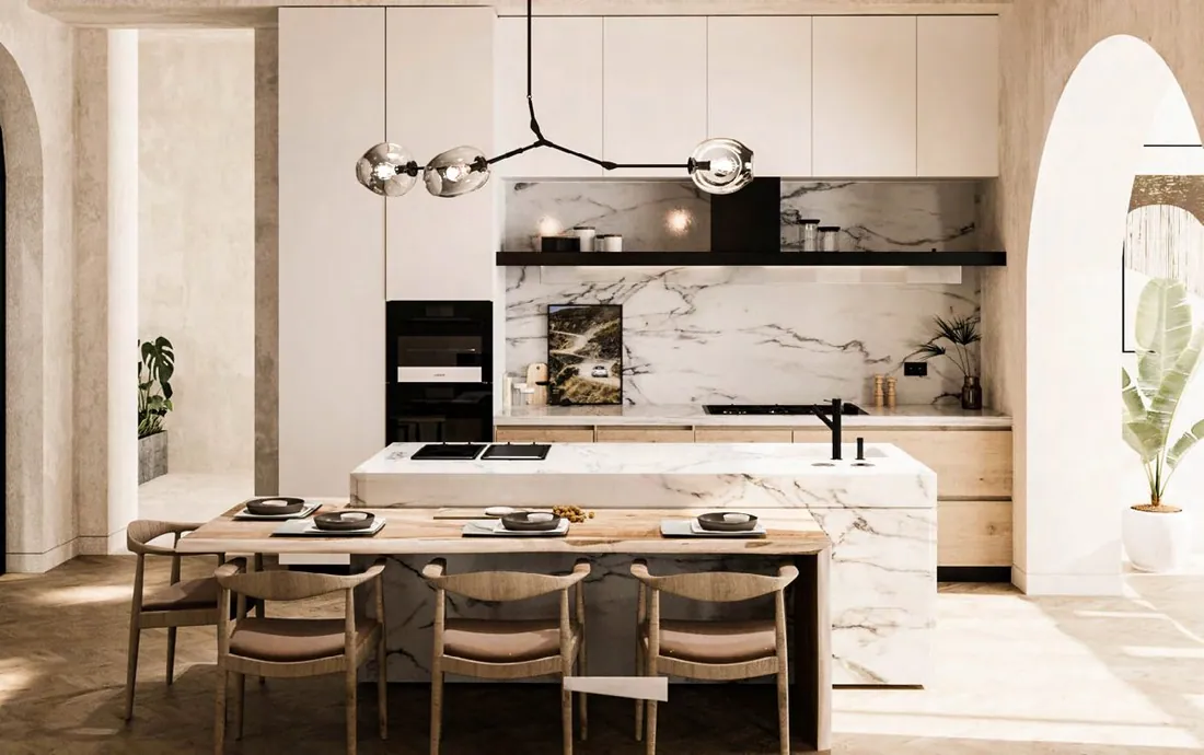 A Island Villa kitchen with marble backsplash