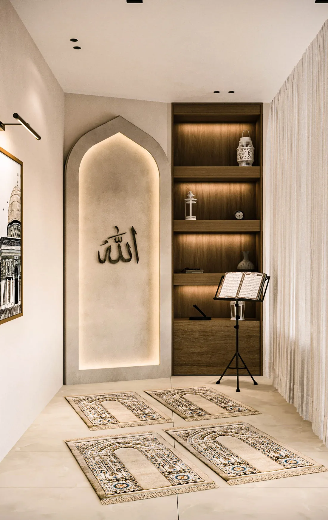 AK Home prayer room with arched niche and lit shelving