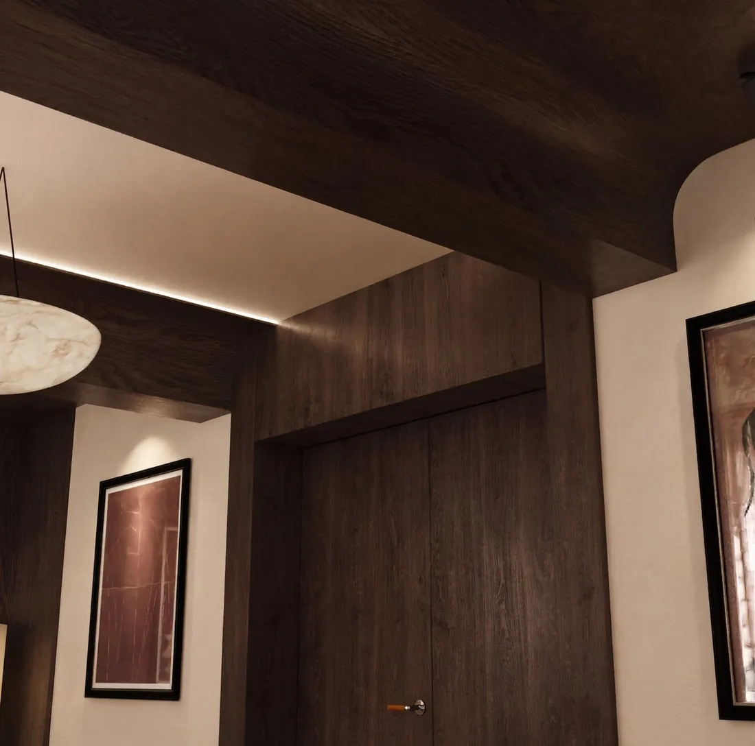 Opera House VIP Lounge corridor detail with wood paneling and framed art