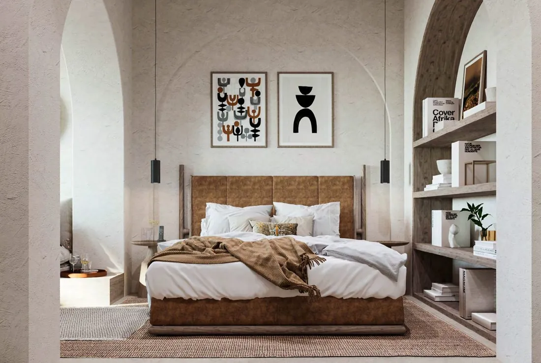 Arabella Room bedroom wide shot with arched alcove and open shelving