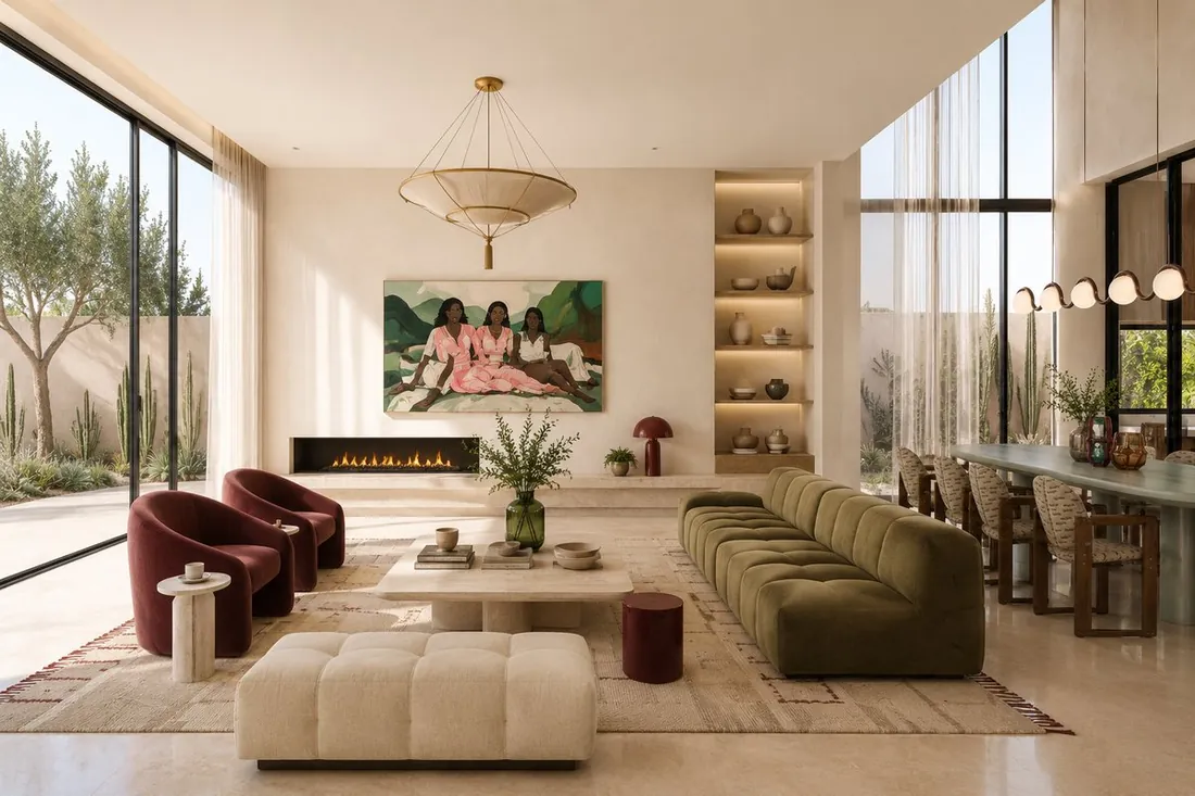 SA Villa living room with olive sofa and burgundy chairs