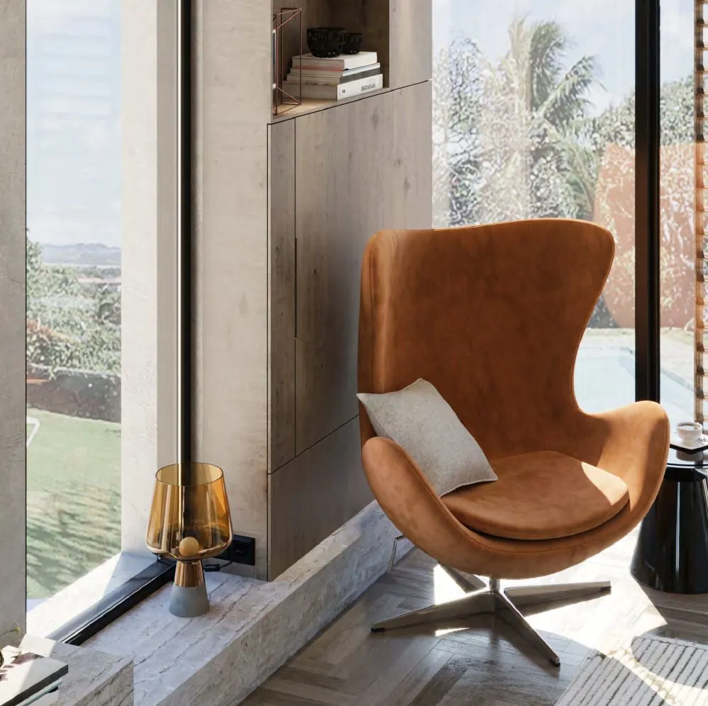 Living room with orange egg chair and floor to ceiling windows