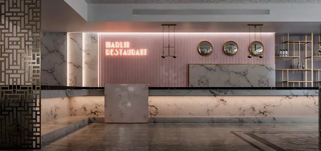 Marlin Restaurant host stand in pink marble