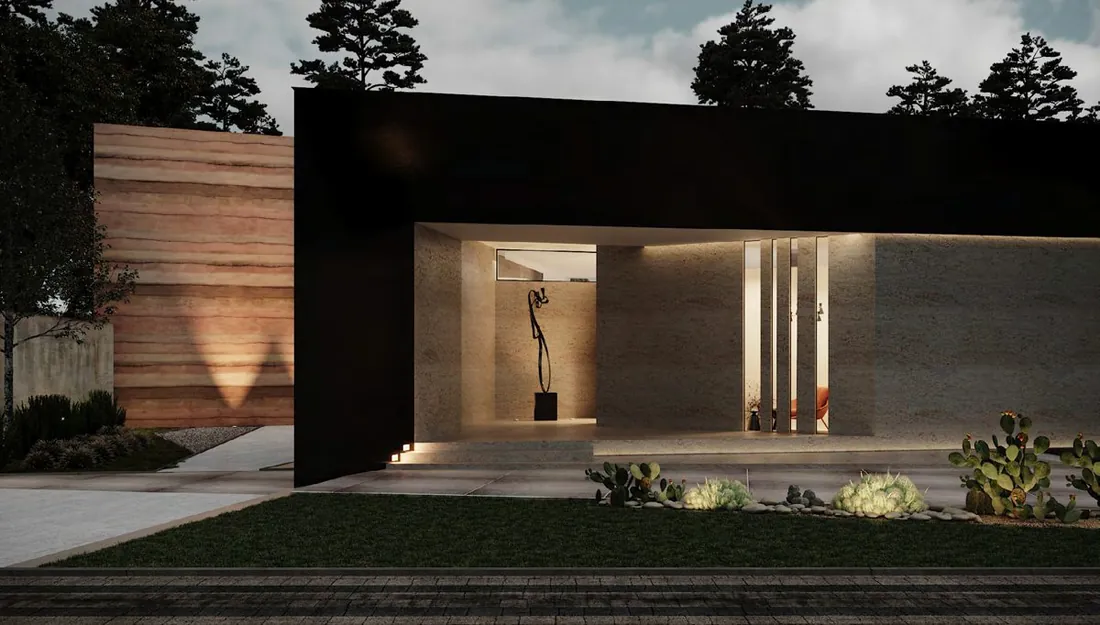 IAA Villa entrance at night with landscape lighting