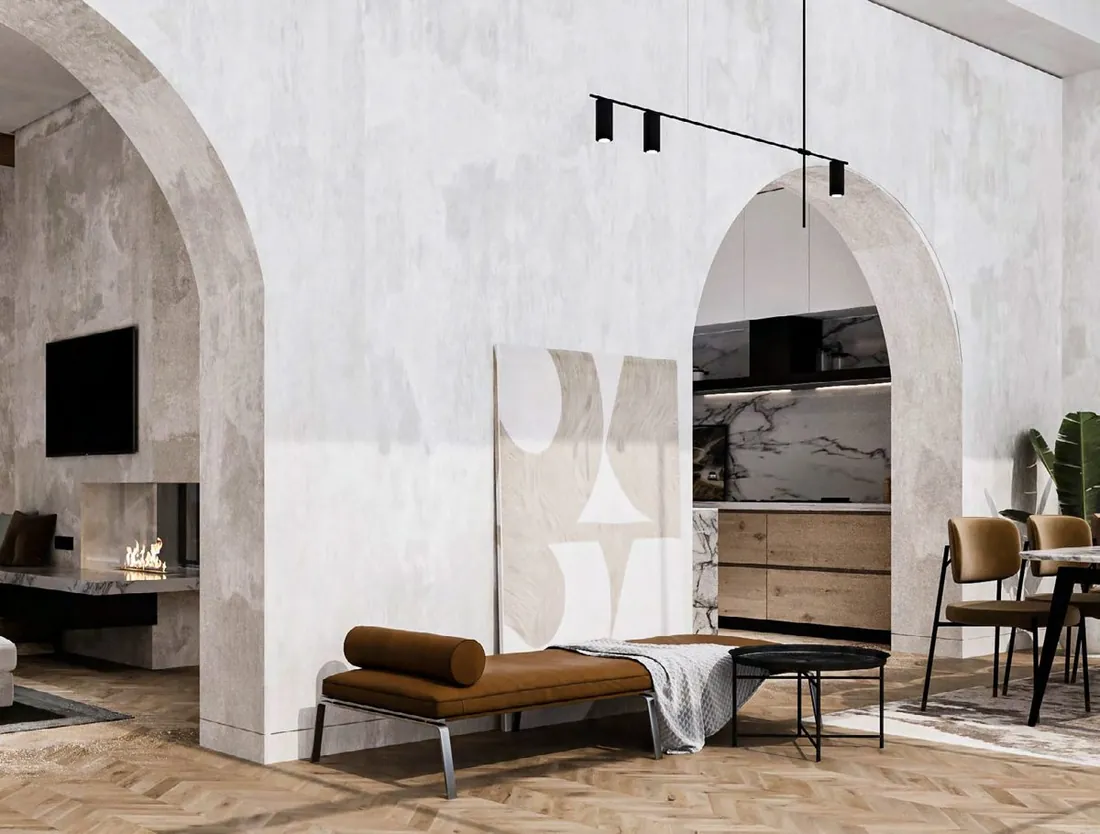 A Island Villa living room with tall arched windows