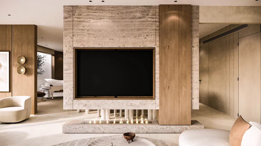 AK Home travertine TV wall with linear fireplace