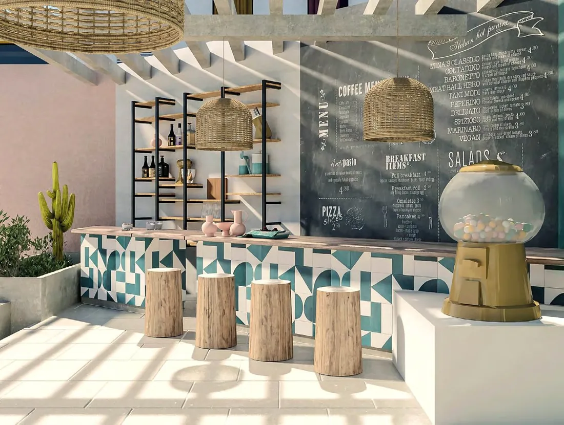 UTH Hotel pool bar counter with patterned tile