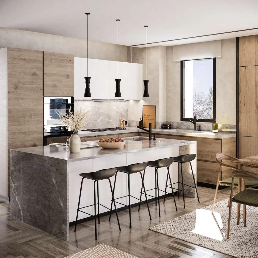 Kitchen island with marble countertop and pendant lighting