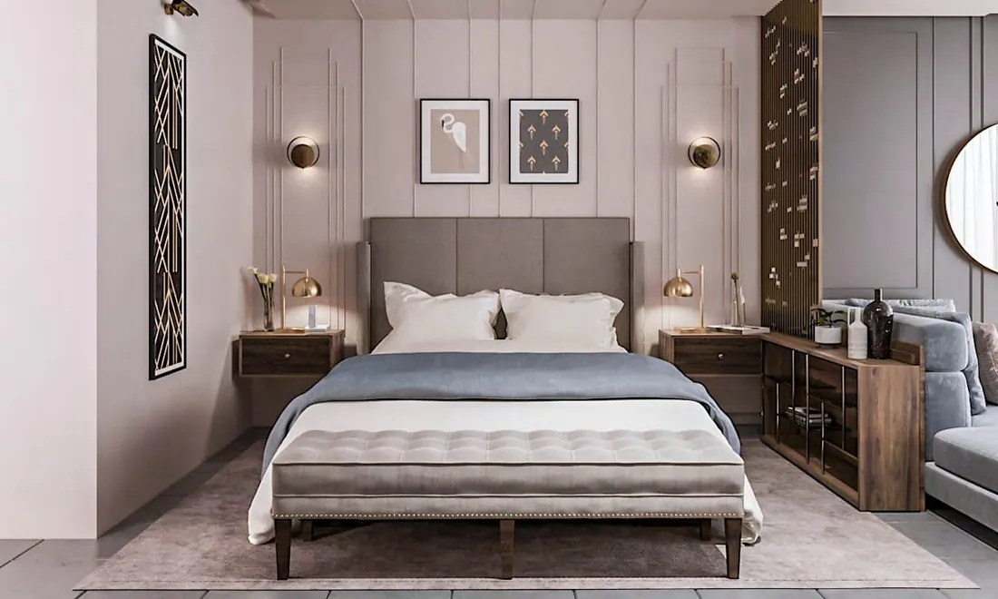 Marlin Inn Hotel room in deep blue and brass color scheme