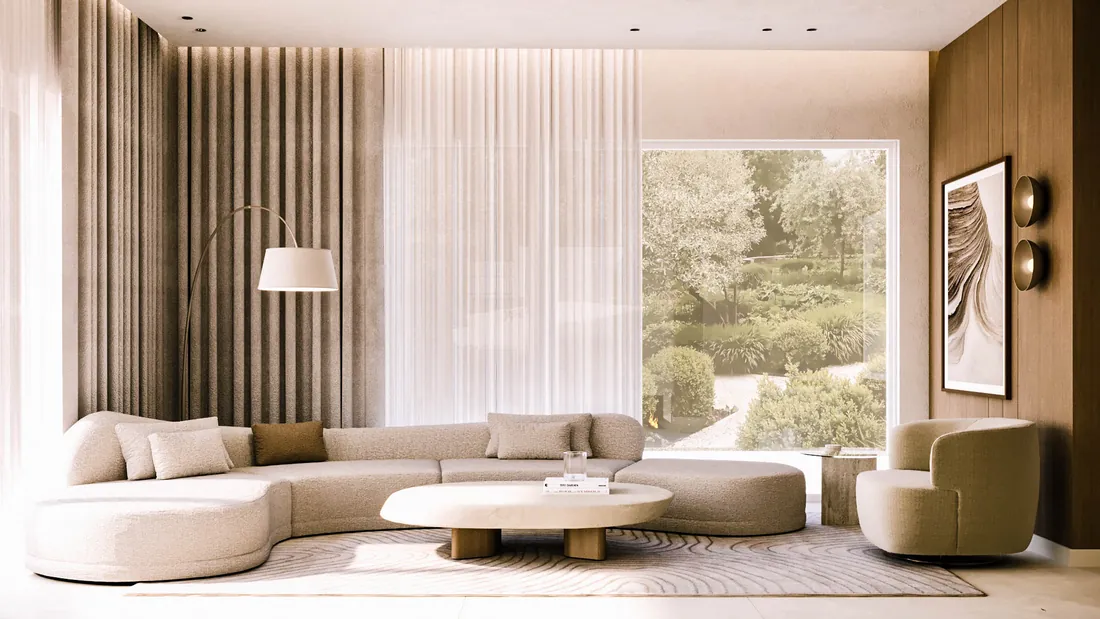 AK Home reception with curved sofa, garden window and oak wall