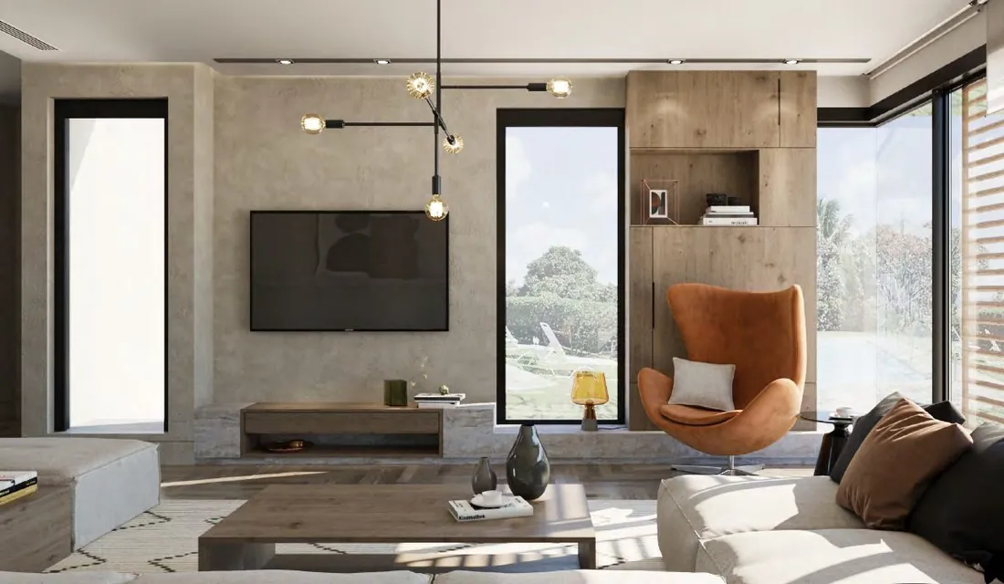 Living room seating area with wood paneling