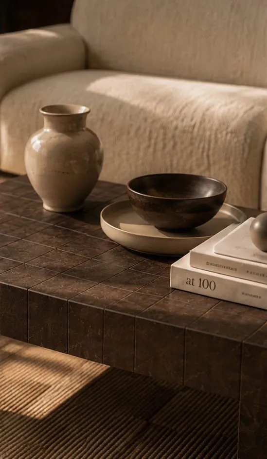HM Living Room coffee table styling with ceramic vase and bowl