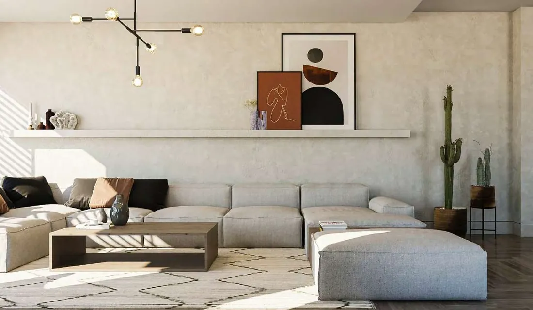 Living room wide shot with TV wall and orange chair