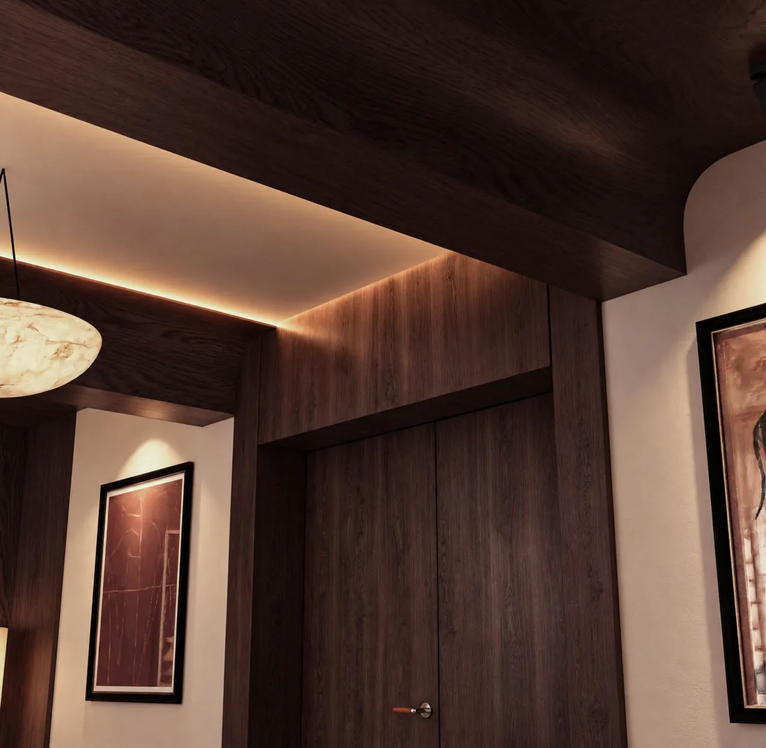 Opera House VIP Lounge corridor detail with wood paneling and framed art