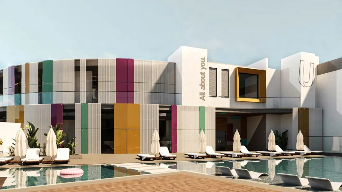 UTH Hotel colorful facade overlooking the pool