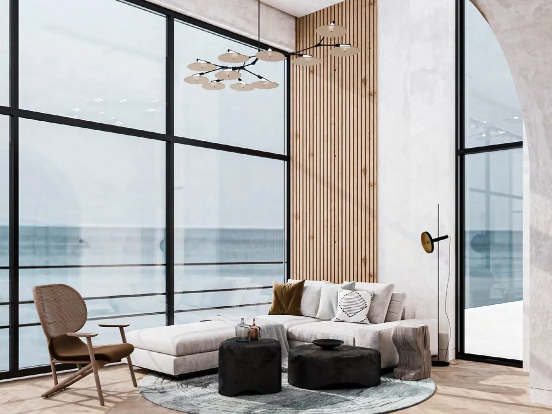 A Island Villa seaside living room with fireplace