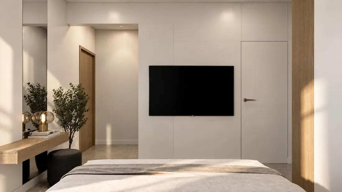H Studio bedroom TV wall and dressing area