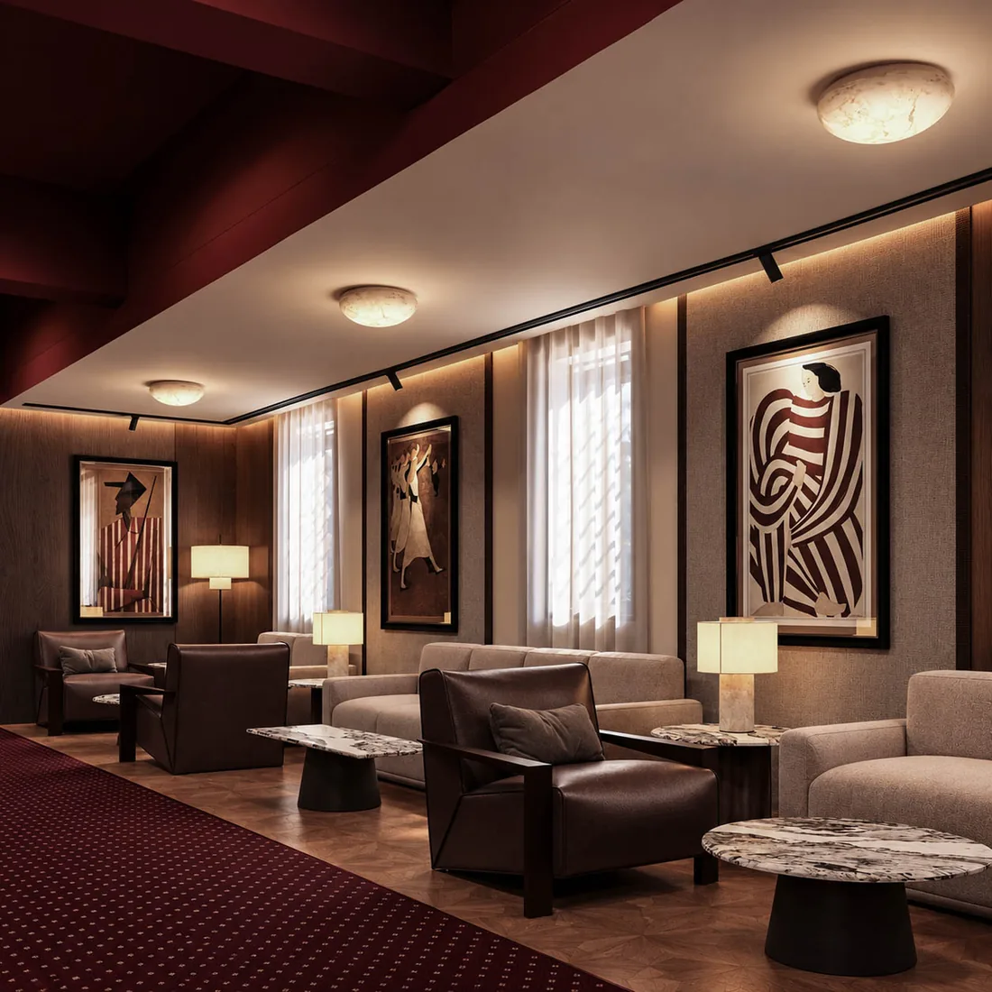 Opera House VIP Lounge corridor wide view with red patterned carpet