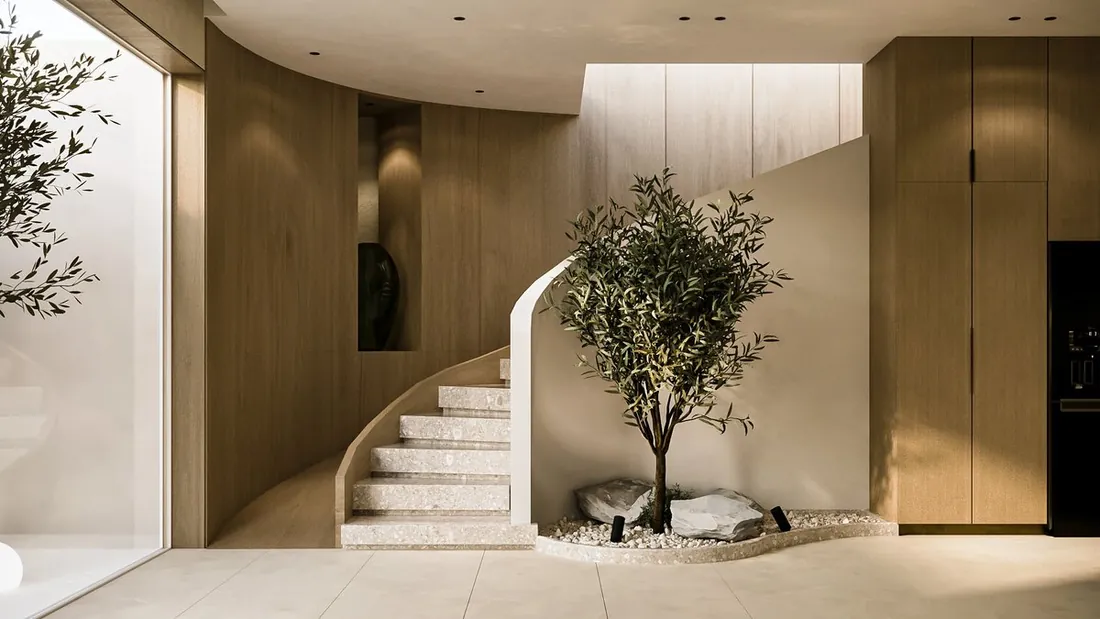 AK Home curved staircase with olive tree