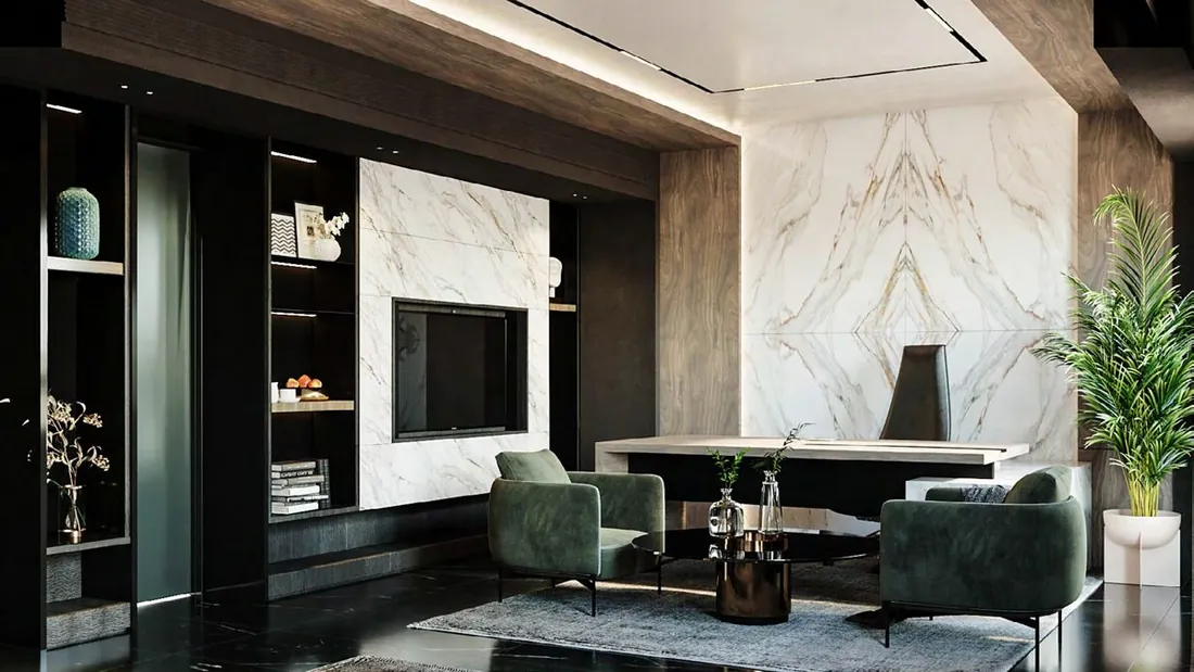 2C Head Office general manager's desk with marble backdrop