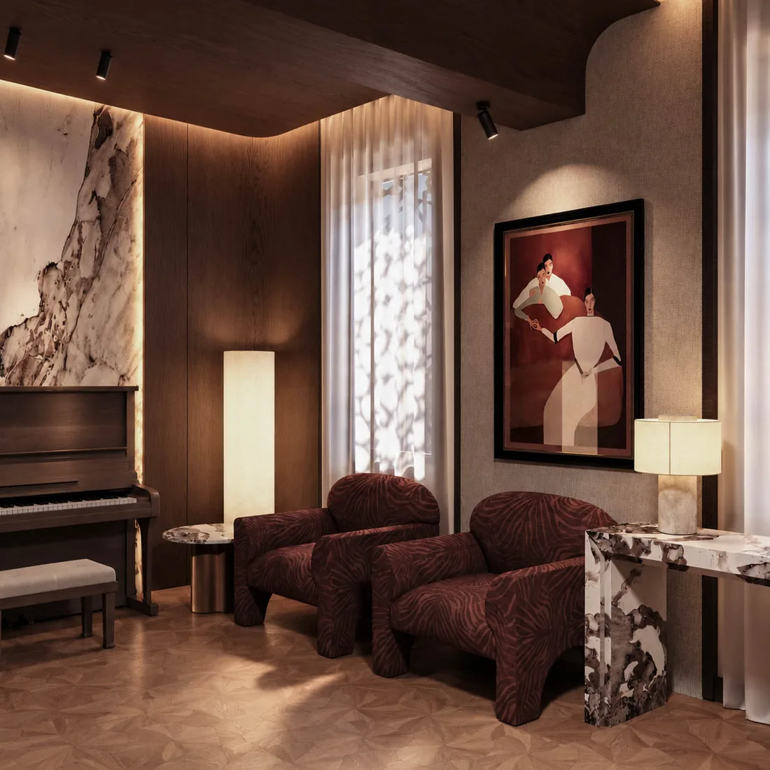 Opera House VIP Lounge with piano, zebra-print armchairs, and marble console