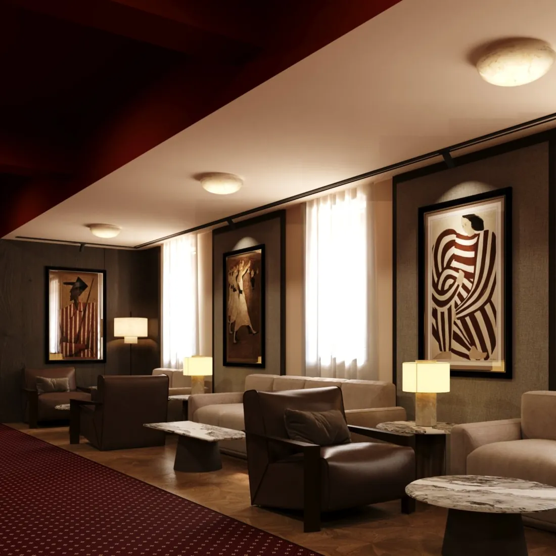 Opera House VIP Lounge corridor wide view with red patterned carpet