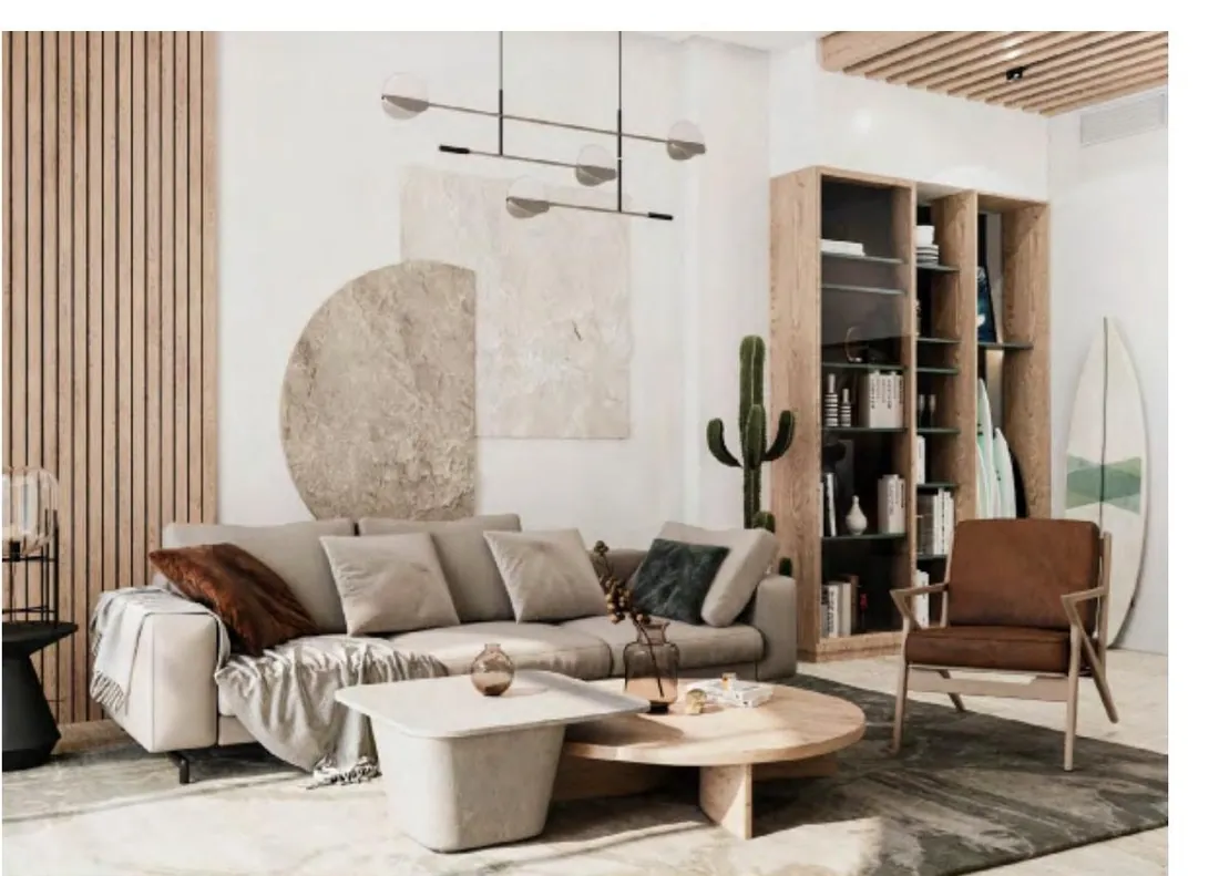 S Island Lounge living room with surfboard and bookshelf