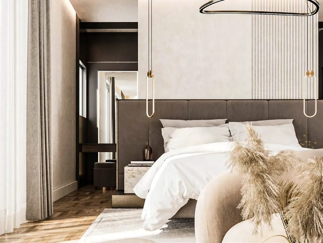 EN Twin House master bedroom with upholstered headboard