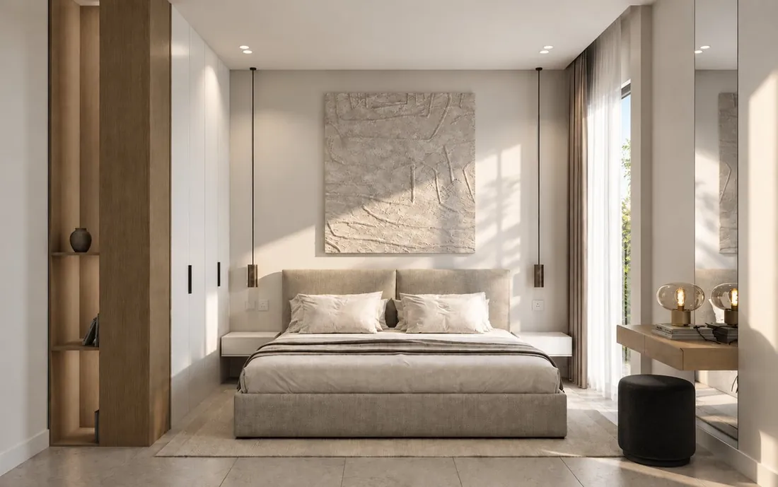 H Studio bedroom with textured headboard artwork