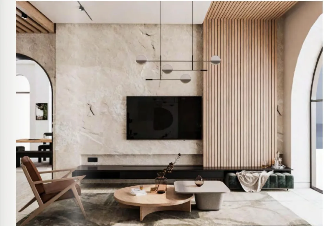 S Island Lounge TV wall with wood slat paneling