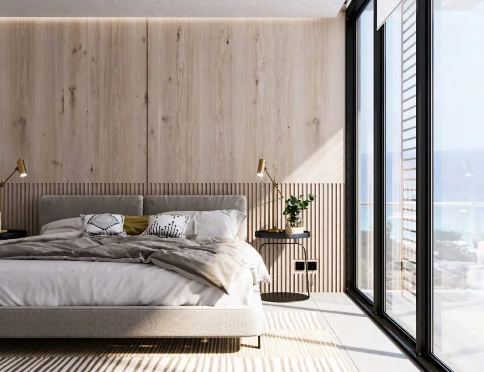Master bedroom with wood slat wall and yellow art