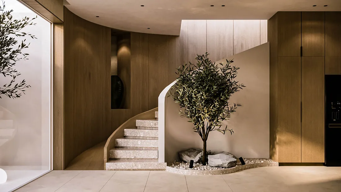 AK Home curved staircase with olive tree