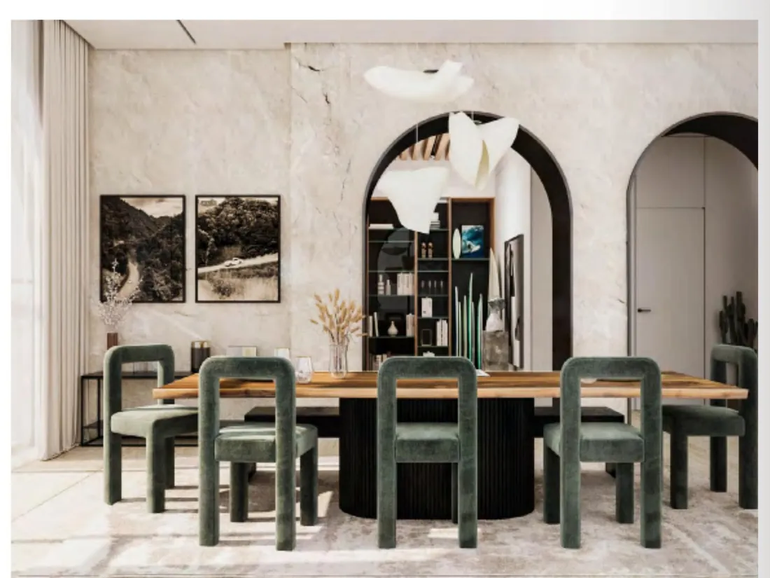 S Island Lounge dining table with green upholstered chairs