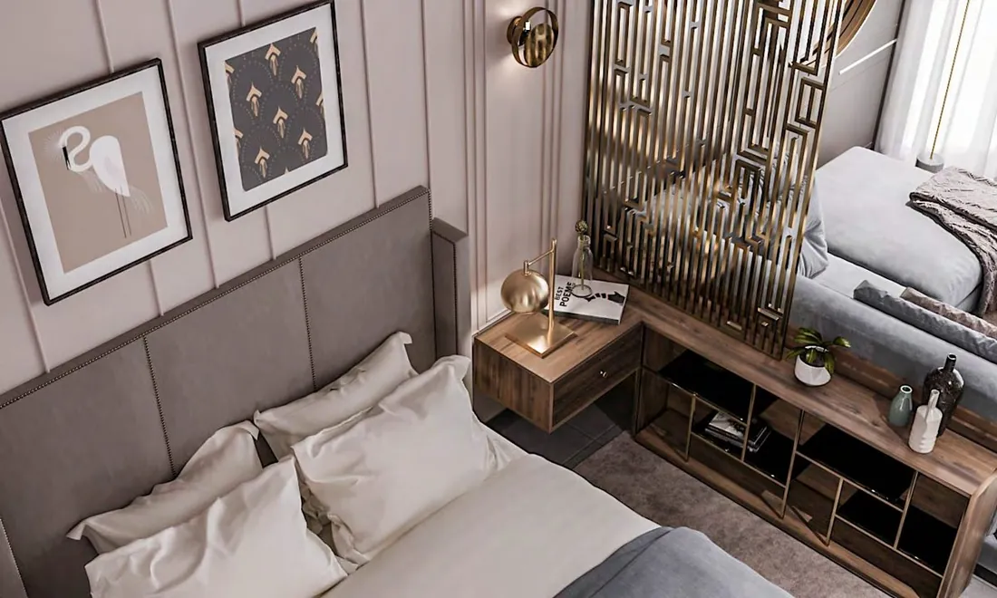 Marlin Inn Hotel room with art deco brass screen